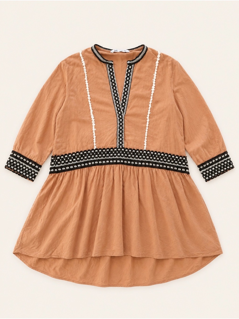 Zara Linen Blend Embroidered Tunic Dress Large Boho Hi-Low Beige Burnt Orange - Picture 7 of 11